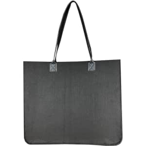 A black tote bag with two handles and a simple design. It features a logo on one side.