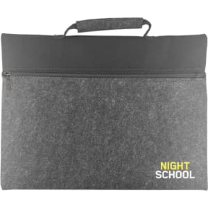 A grey felt carry case with a black top, featuring a handle and a logo on the side.