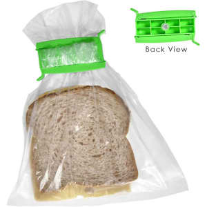 A green food clip is sealing a bag containing slices of brown bread, with a back view displayed beside it.