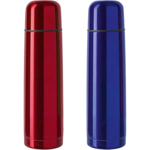 A drink bottle set featuring a red and a blue stainless steel thermos, both with a sleek design and a logo.