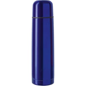 A drink bottle in a glossy blue finish, resembling a tall, cylindrical thermos with a sleek design and a logo.