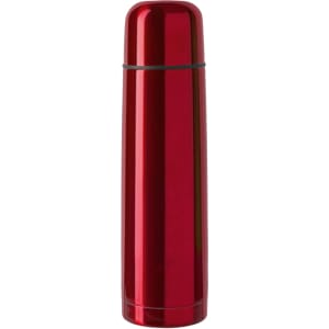 A drink bottle with a sleek, shiny red finish, featuring a simple design and a logo.