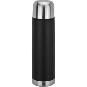 A drink bottle featuring a sleek black design with a stainless steel top and base, also includes a logo.