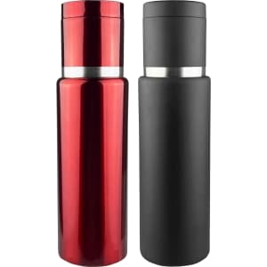 A drink bottle featuring a shiny red and a matte black design, each with a silver band and a logo.