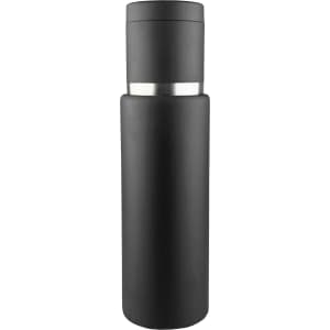 A drink bottle with a sleek black design and a silver band. It features a logo and has a smooth finish.