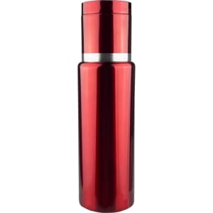 A drink bottle in shiny red with a silver band, designed as a stylish flask. It features a logo on the body.