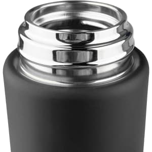 A drink bottle featuring a sleek black design with a polished silver opening and a metal interior.