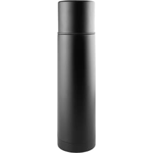 A drink bottle in matte black finish, featuring a sleek cylindrical design and a logo. Capacity of 500ml.