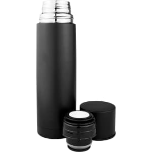 A drink bottle in matte black with a silver cap, accompanied by a black cup and a matching lid. It features a logo.