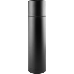A drink bottle in matte black, featuring a sleek, cylindrical design with a small opening at the top and a logo.