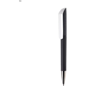A black plastic pen with a silver tip and a contrasting white clip, featuring a logo on its surface.