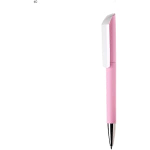 A pink plastic pen with a white clip and a shiny silver tip, featuring a logo on the side.