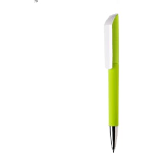 A plastic pen featuring a bright green barrel and a white clip, with a silver tip and branding.