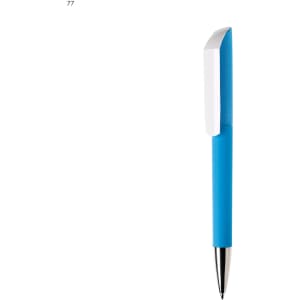A blue plastic pen with a white cap and a silver nib, featuring a logo on the side.