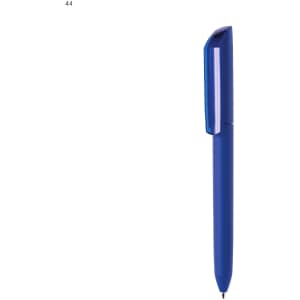 A blue plastic pen with a sleek design and a clip, featuring a logo on the barrel.