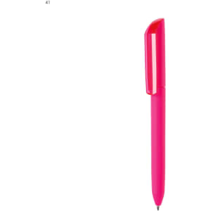 A bright pink plastic pen with a streamlined design and a logo on its body.