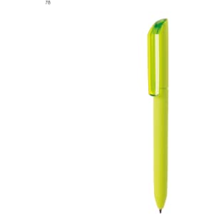 A plastic pen in vibrant yellow with a green cap and a branding logo.