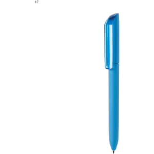 A blue plastic pen with a sleek design and a cap, featuring a logo on the barrel.