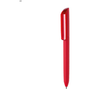 A red plastic pen with a sleek design and a logo on its body.
