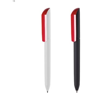 A set of two plastic pens in white and black, each featuring a red cap and branding.
