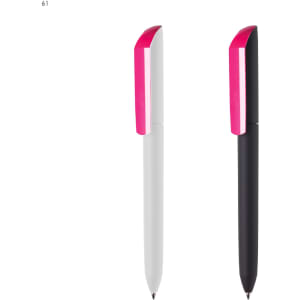 A set of plastic pens in white and black with vibrant pink accents and a branding logo.