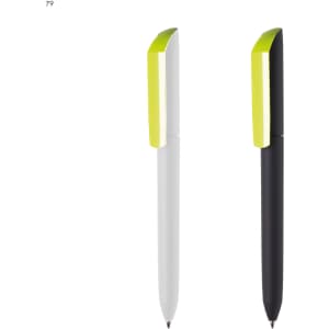 Two plastic pens: one white with a bright green cap and one black with a matching green cap. Both feature a logo.
