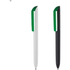 A set of plastic pens in white and black, each with a green cap and branding.