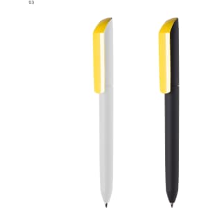 Two plastic pens, one white and one black, featuring yellow caps and accents. Both have a logo.