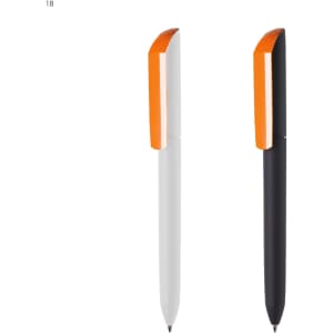 A set of two plastic pens in white and black, each featuring an orange cap and a branding logo.