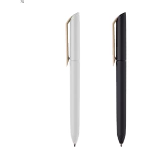 A set of two plastic pens, one white and one black, featuring a clip design and a branding logo.