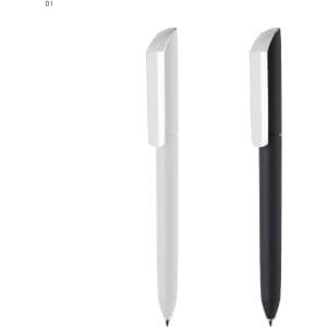 A set of plastic pens in white and black, featuring a sleek design and a logo on the body.