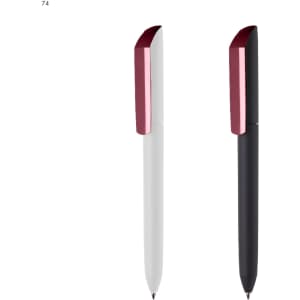 Two plastic pens, one white with a maroon clip and the other black with a maroon clip. Both have a sleek design.