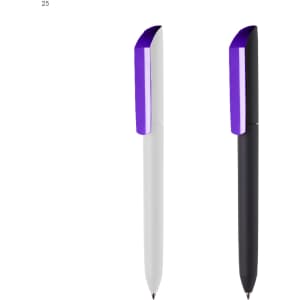 Two plastic pens are displayed, one white with a purple clip and the other black with a purple clip. Both have a logo.