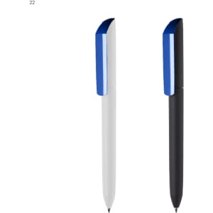 A set of two plastic pens, one in white and the other in black, featuring a blue detailing at the top.