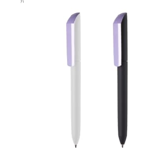 A set of Flow F2 P-GOM plastic pens in white and black with a purple accent and a logo on each pen.