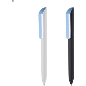 Two plastic pens are displayed: one in white with a blue cap and one in black with a blue cap. Each pen has a logo.