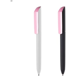 A set of two plastic pens, one white with a pink cap and one black with a pink cap, featuring a logo.