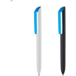 Two plastic pens are displayed, one white with a blue top and one black with a blue top. Both feature a logo.