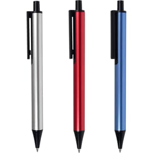 Three metal pens in silver, red, and blue with a clip for easy attachment. Each pen features a sleek design.