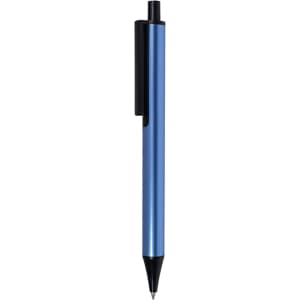 A metal pen in a sleek blue colour with a black clip and a retractable tip. Features a logo on the barrel.