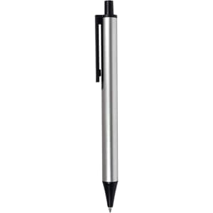 A metallic silver pen with a black clip and a black tip. The pen features a logo on its body.