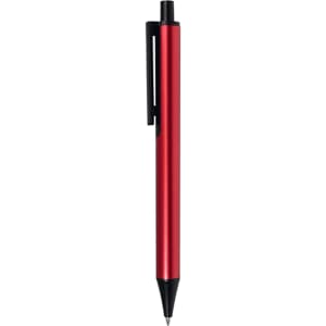 A metal pen in vibrant red with a black clip, featuring a sleek and modern design.