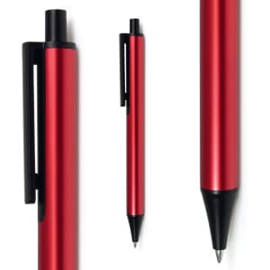 A red metal pen with a black clip and tip, featuring a sleek design and a simple logo.