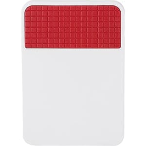 A rectangular fridge magnet clip with a textured red top and a white base, featuring a logo.
