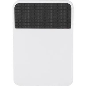 A white fridge magnet clip featuring a textured black grip at the top and a smooth surface below.