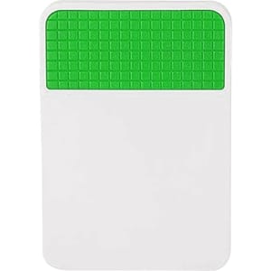 A fridge magnet clip featuring a white body and a textured green top section. It has a logo on the surface.