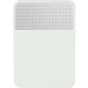 A white fridge magnet clip featuring a textured grey grip section at the top. It has a rectangular shape.