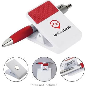 A white fridge magnet clip with a textured red area and a pen holder. It features a logo but no pen included.