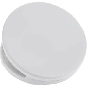 A round white fridge magnet clip with a glossy finish and a simple design. It features a logo on the surface.