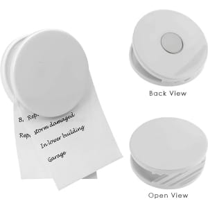 A round white fridge magnet clip featuring an open view, back view, and a note attached. It has a logo on it.